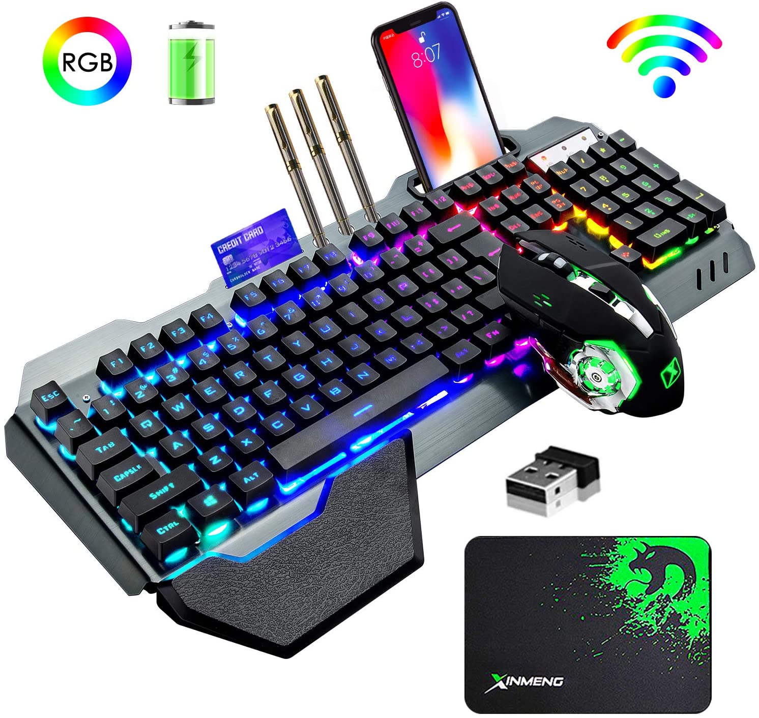 Gaming Keyboard Bundle - K680 คีย์บอร์ดเกมไร้สายและเมาส์ Combo,Rainbow LED Backlit คีย์บอร์ดแบบชาร์จไฟได้