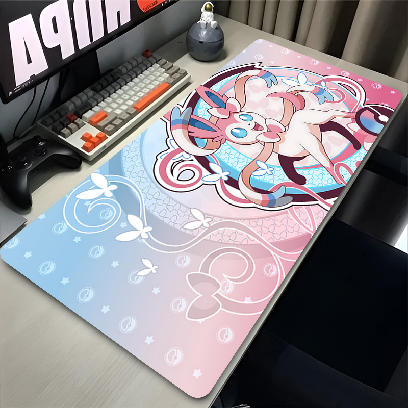 Gaming Keyboard Theme - แผ่นรองเมาส์สีชมพูขนาดใหญ่ XXL อุปกรณ์เสริมคอมพิวเตอร์สำหรับเล่นเกม P-pokemon Sylveon แผ่นรองคีย์บอร์ดสำหรับวางโต๊ะ