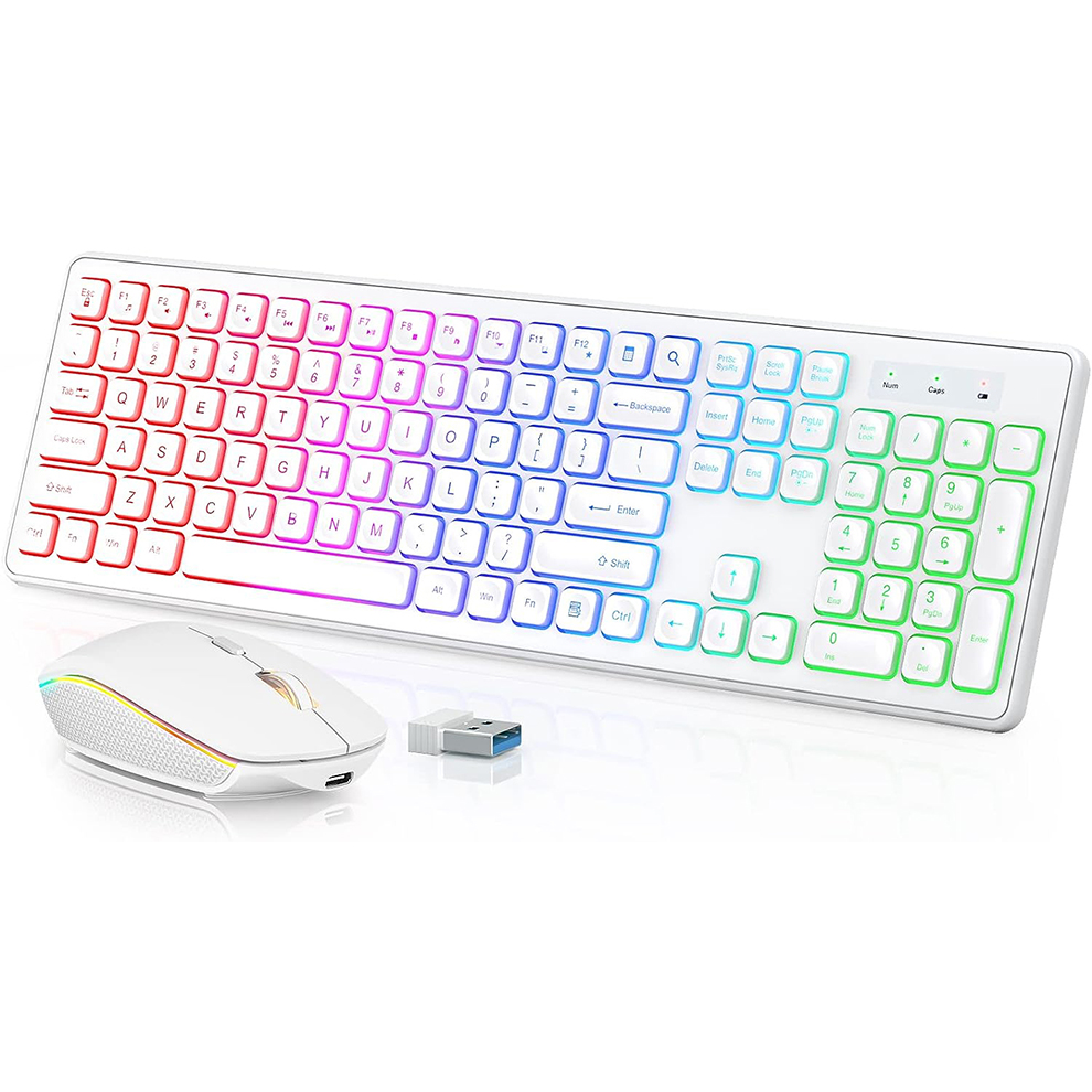 Gaming Keyboard Bundle - คีย์บอร์ดและเมาส์ไร้สายแบบมีไฟพื้นหลัง, ปุ่มเรืองแสงเงียบ, ขาตั้งปรับเอียงได้, ชุดคอมโบไร้สายแบบชาร์จไฟได้ผ่าน USB สำหรับคอมพิวเตอร์,